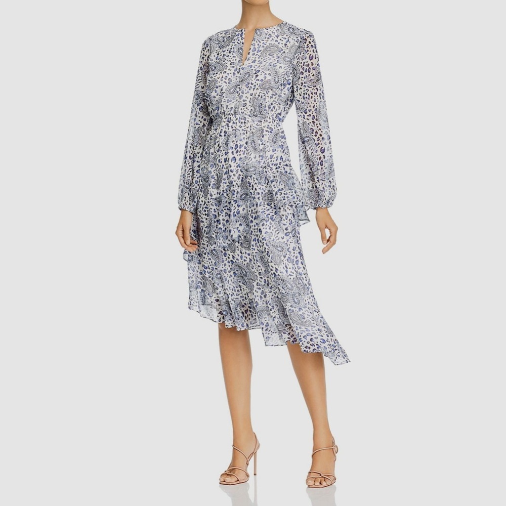 Aqua white and blue paisley long-sleeve ruffle midi dress
